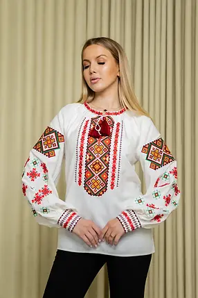 Жіноча вишиванка з геометричним орнаментом червоно-жовта хрестиком рукав ліхтарик етно блуза з льону, фото 2