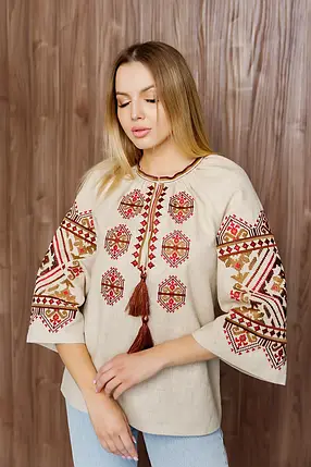 Бежева жіноча вишиванка з гладдю у відтінках бордо та гірчиці з натуральної тканини льон кропива, фото 1