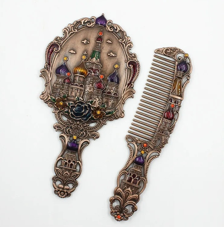 Набір Вінтажне ручне дзеркало Храм для макіяжу з ручкою та гребінцем. дзеркальце в дорогу., фото 1