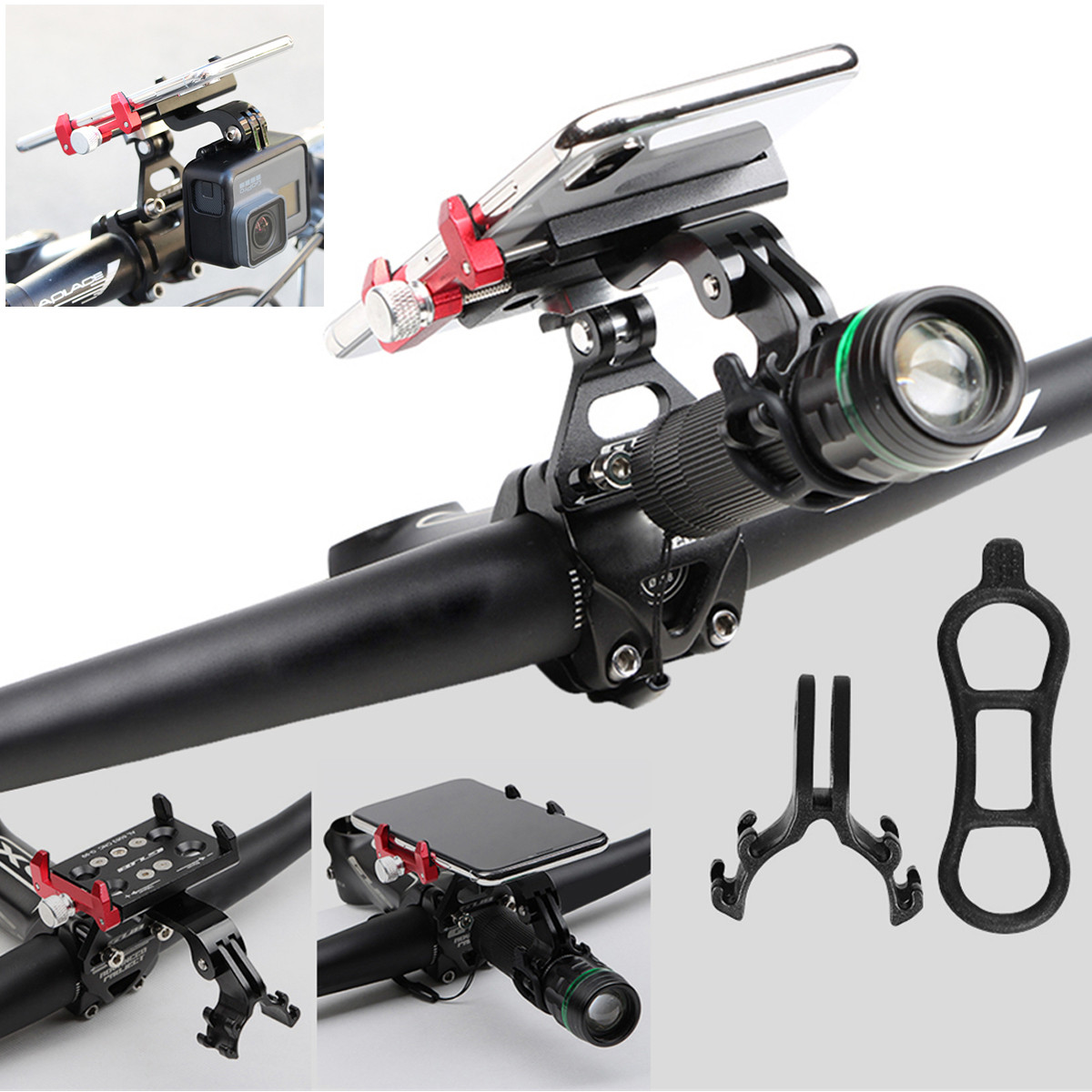 Тримач для телефону на велосипед GUB G-99 black-red [на виніс керма + кріплення для ліхтарика та камери GoPro]