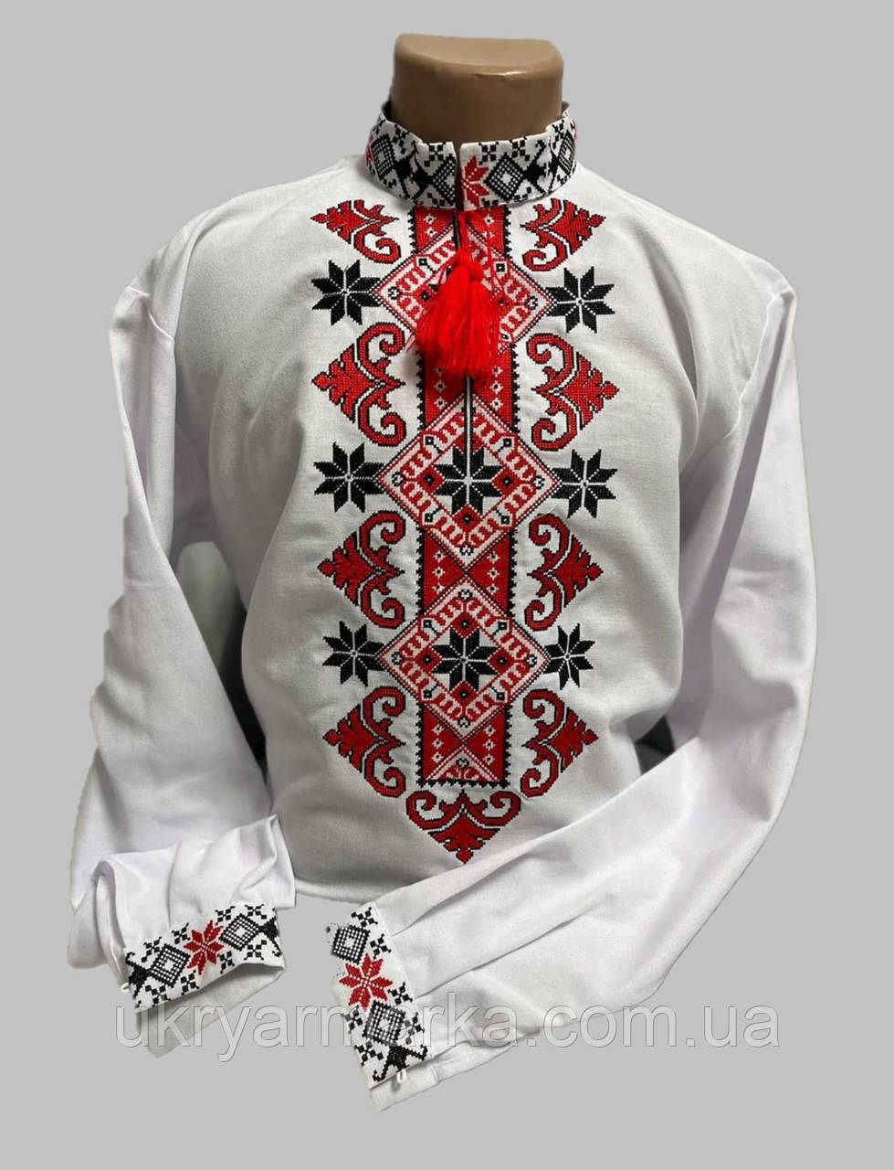 Біла чоловіча вишиванка "Хмельниччина" з червоно-чорною вишивкою