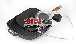 Сковорода ГРІЛЬ чавунна 26х26 см зі знімною ручкою, скляною кришкою і пресом 21х21см 1,5кг БІОЛ 1026CP-1