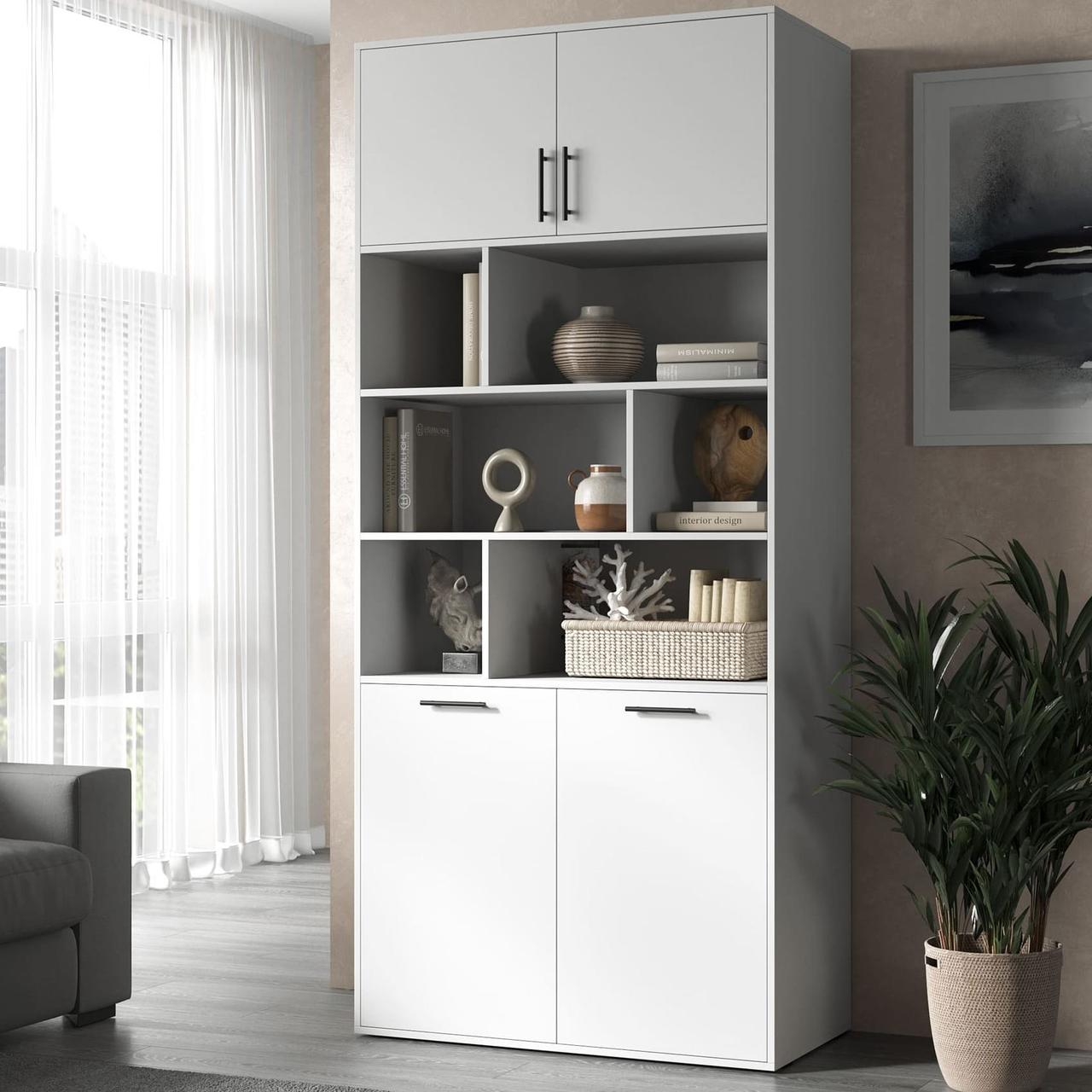 Шафа для книг сучасна чотиридверна на 10 відділень Дизайнерські стелажі з полицями з ДСП, фото 1