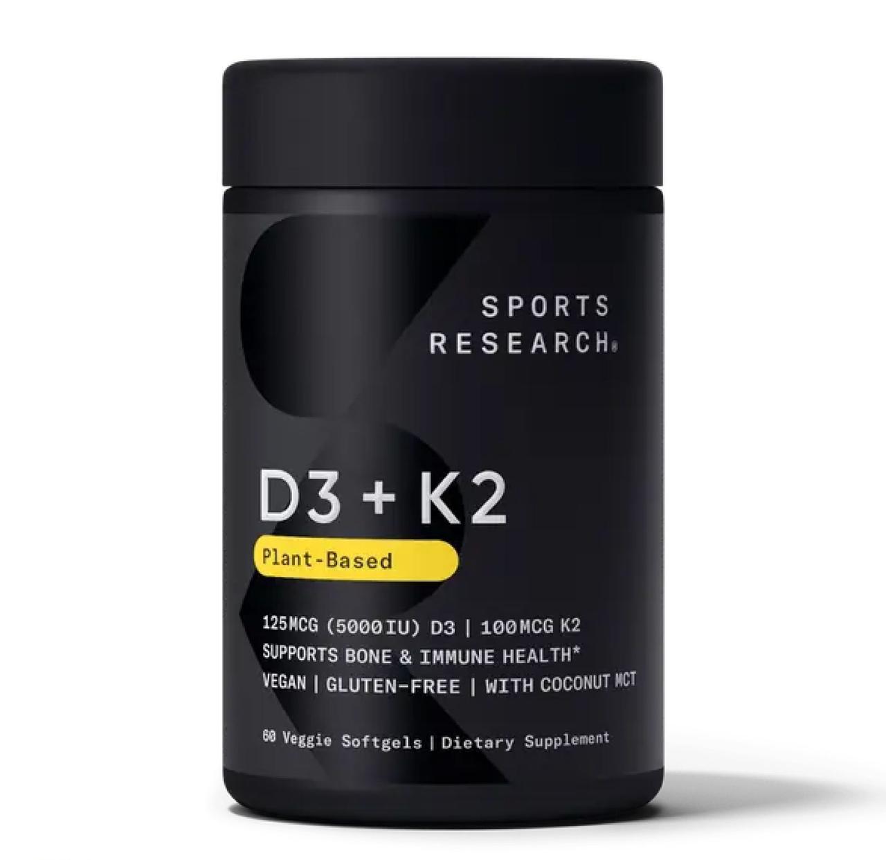 Вітаміни D3 та K2 Sports Research Vegan D3 5000iu + Vitamin K2, 125 мкг/100 мкг, 60 рослинних капсул, фото 1