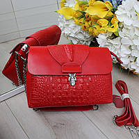 Жіноча сумка через плече шкіряна на 3 відділи червона натуральна шкіра