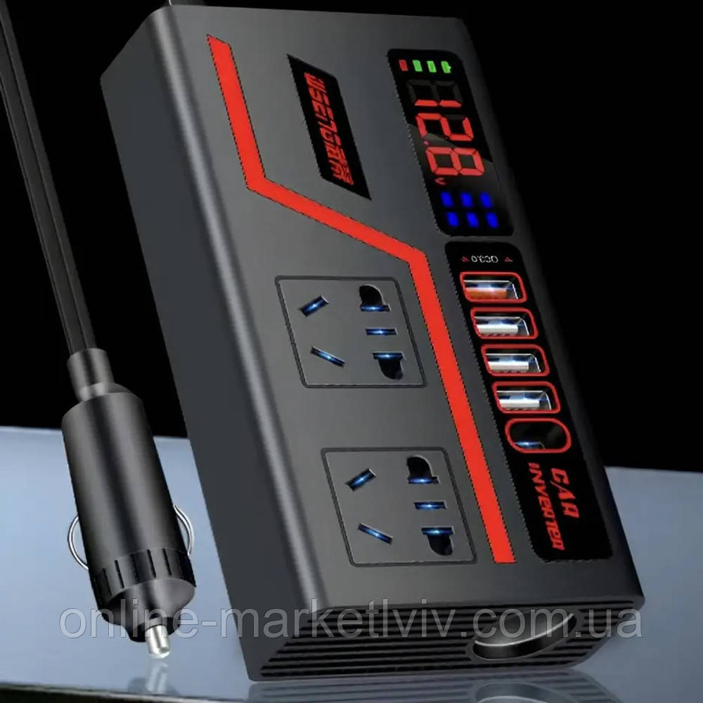 Автомобільний інвертор з дисплеєм (2 розетки, 4 USB, Type-C) KQ2 / Перетворювач напруги / Автоінвертор, фото 1
