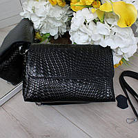 Жіноча сумка через плече шкіряна на 3 відділи чорна натуральна шкіра