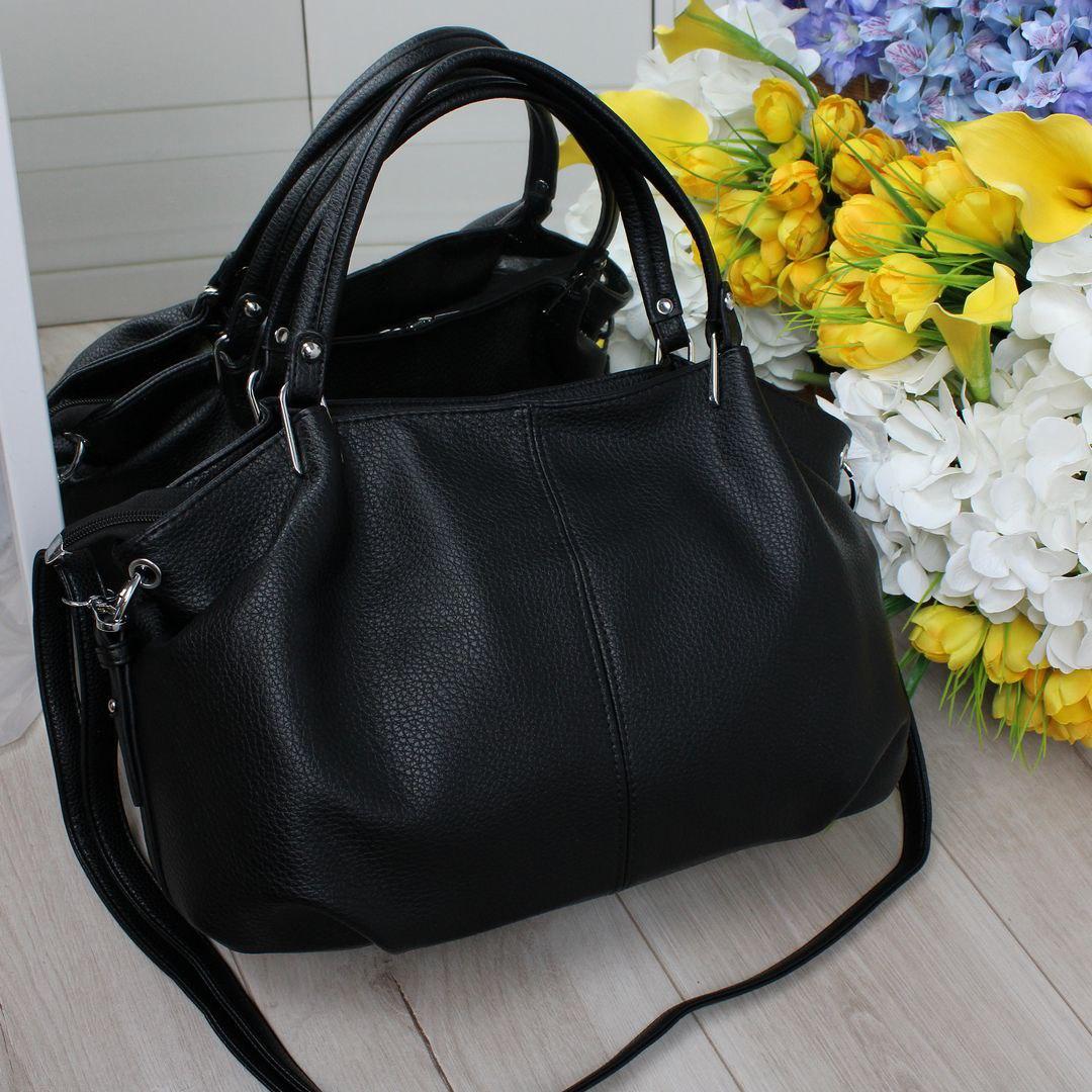 Жіноча сумка-мешок містка м'яка модна красива чорна шкірзам, фото 1