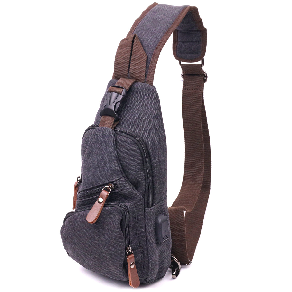 Чоловіча сумка через плече з кабелем USB текстильна 21221 Vintage Чорна, фото 1