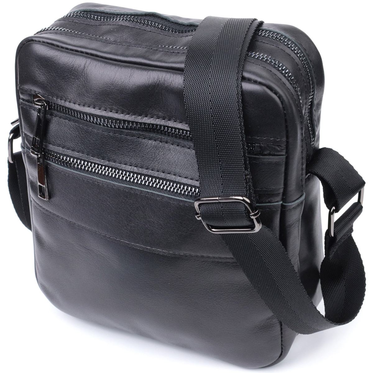 Класична чоловіча сумка месенджер із глянсової натуральної шкіри Shvigel 22846 Чорна, фото 1