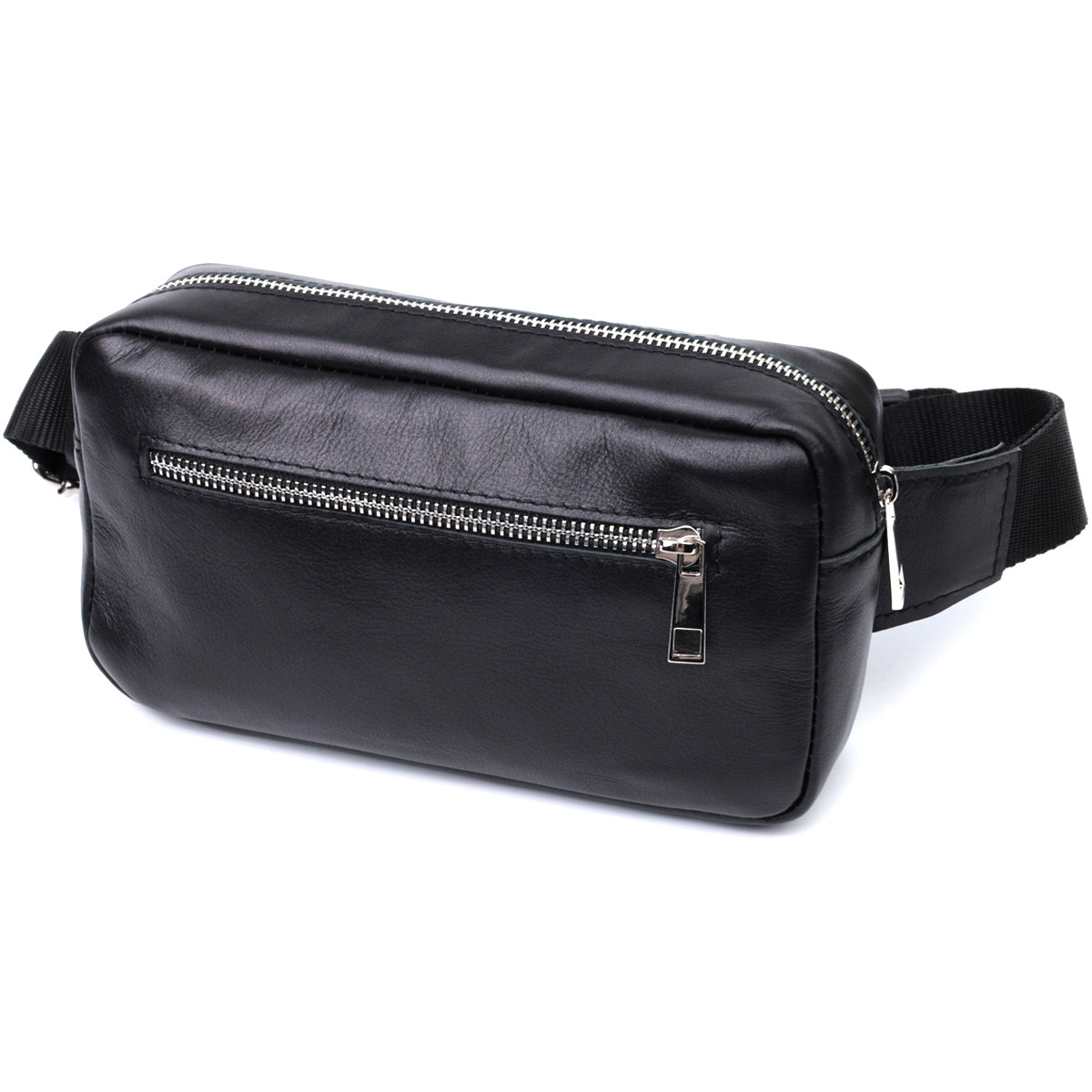 Прямокутна сумка-бананка для чоловіків із натуральної глянсової шкіри Shvigel 22825 Чорна, фото 1