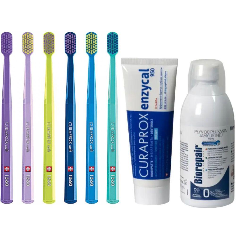 Зубна щітка Curaprox CS 1560 Soft для чутливих ясен + паста Curaprox Enzycal 950ppmF + ополіскувач BIOREPAIR Відновлення емалі