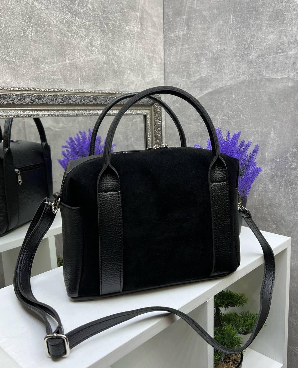 Жіноча сумка валіза сумочка середнього розміру чорна натуральна замша+шкірзам