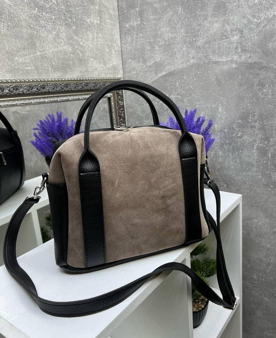 Жіноча сумка валіза сумочка середнього розміру моко натуральна замша+шкірзам