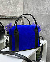 Жіноча сумка валіза сумочка середнього розміру синя натуральна замша+шкірзам