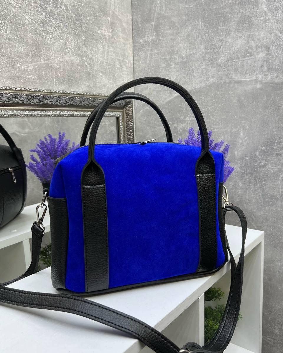 Жіноча сумка валіза сумочка середнього розміру синя натуральна замша+шкірзам