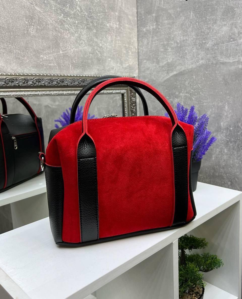 Жіноча сумка валіза сумочка середнього розміру червона натуральна замша+шкірзам, фото 1