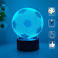 Нічник проєктор 3-D "Футбольний м'яч". Кольоровий. RGB. USB "Soccer Ball"