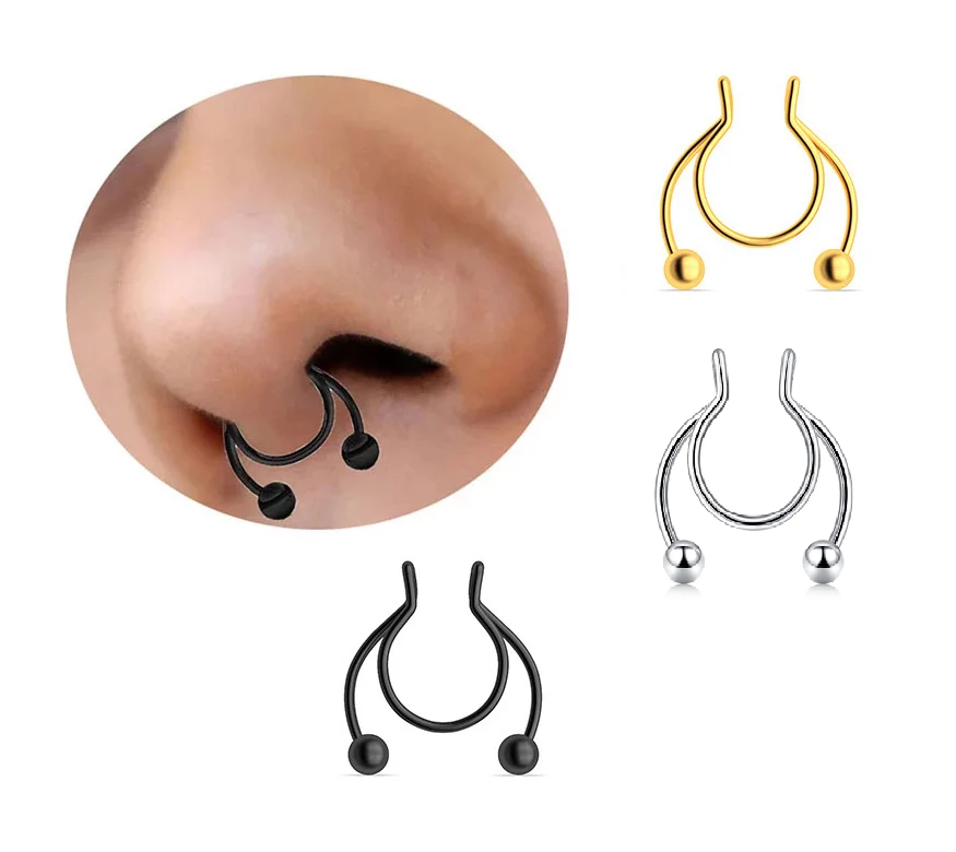 Септум обманка в ніс пірсинг кліпс Фейк носові кольца 3 кольори мед. сталь, фото 1