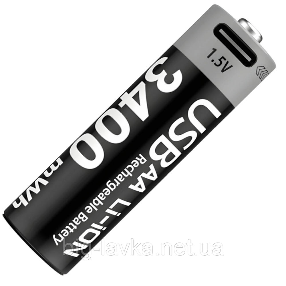 Аккумулятор перезаряжаемый AA Li-Ion 3400 мВтч с Type-C  Чёрный, фото 1
