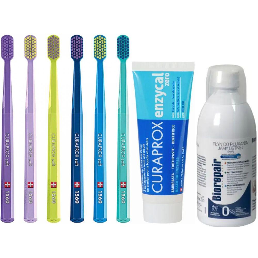 Зубна щітка Curaprox CS 1560 Soft для чутливих ясен + паста Curaprox Enzycal Zero + ополіскувач BIOREPAIR відновлення емалі