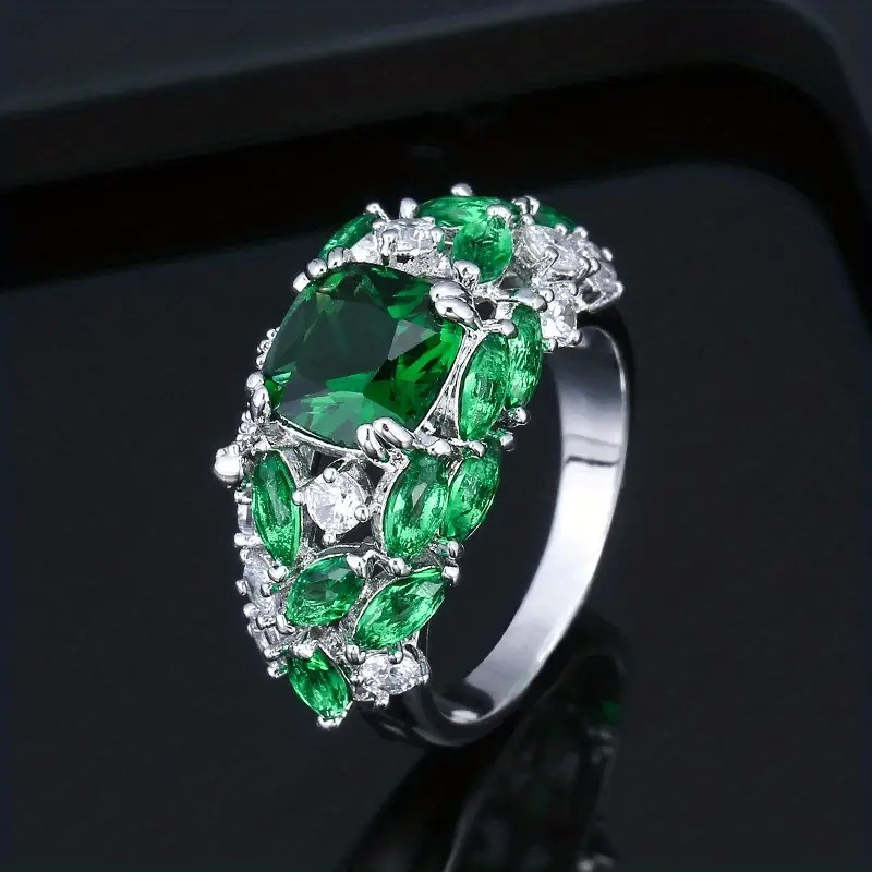 Ретро срібляста каблучка з великим зеленим кристалом і білими розмір 17.5 LuxAurum145, фото 1