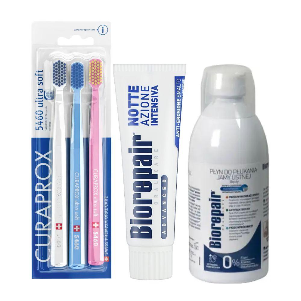 Набір зубних щіток Curaprox CS 5460/3 Ultra Soft + нічна паста Biorepair Advanced Night + ополіскувач BIOREPAIR відновлення емалі