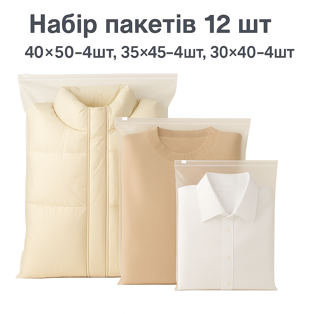 Набір пакетів для зберігання із застібкою слайдером матовий 12 шт 3 розміри LoveYouHome, фото 1