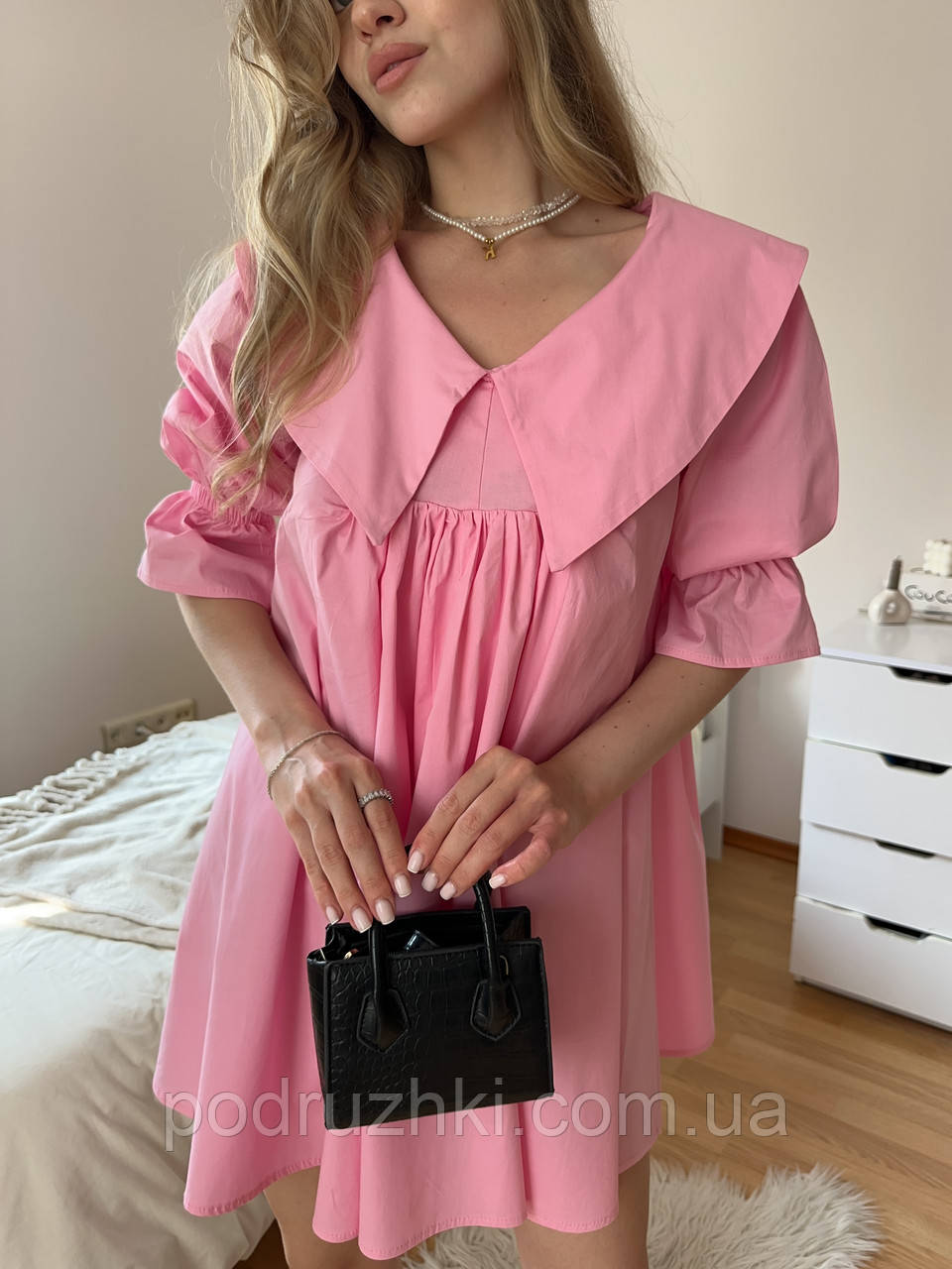 Жіноча коротка літня сукня з бавовни з підкладкою рожевий, розмір 42-46 ляльковий фасон, фото 1