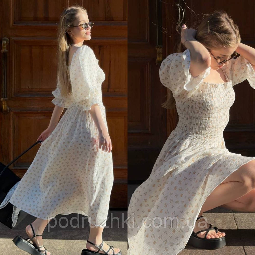 Жіноча літня муслінова сукня з жовтим принтом, гумка на грудях, жовті квіти, легка сукня з коротким рукавом 42–46 48–52, фото 1