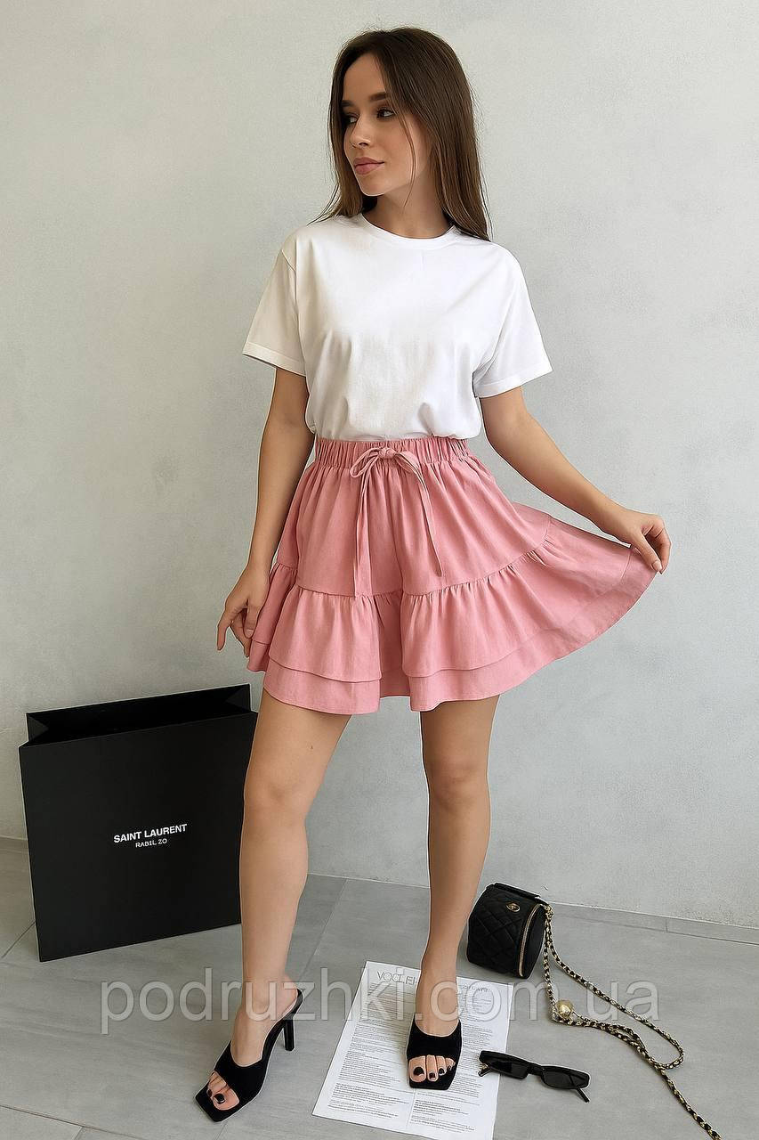 Жіночі коротка шорти-спідниця з льону рожева літня на резинці зручна посадка 42-44 46-48, фото 1