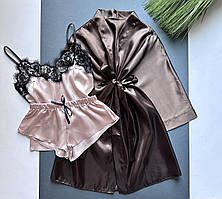 Пижама женская с кружевом и халат.Комплект атласный тройка.