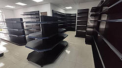 Стелаж торцевий двосторонній острівний для магазину 1450*1400 на 3 полки та подіум