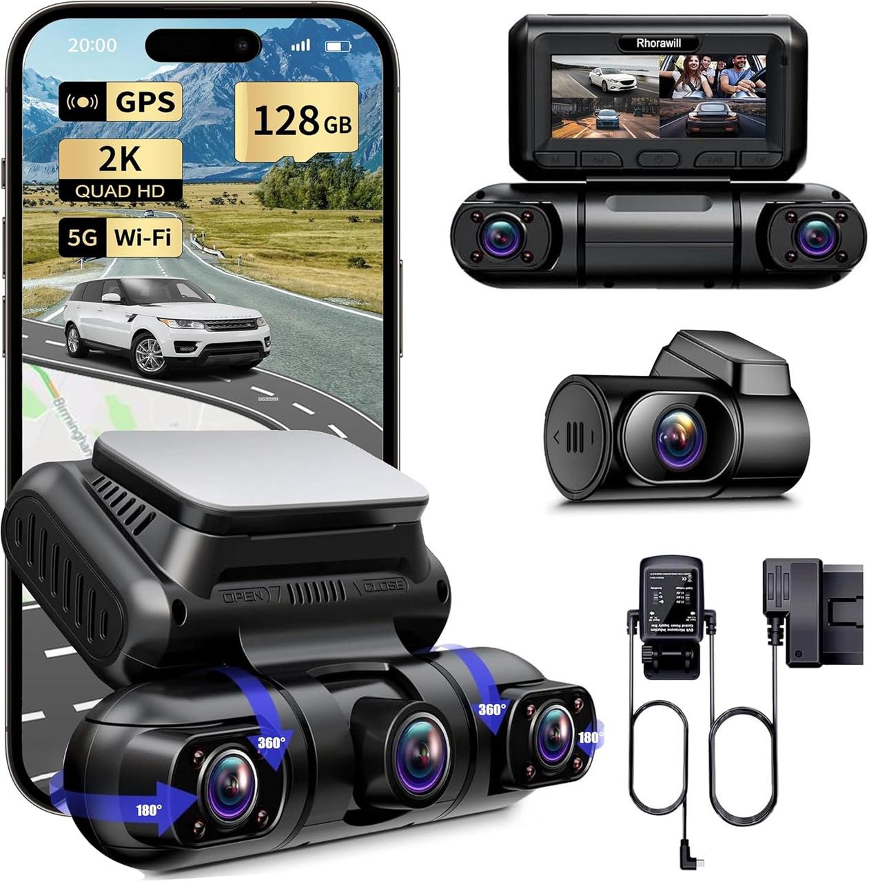 Rhorawill 4-канальний відеореєстратор Full HD, 5G WiFi, GPS, 3-дюймовий екран, 128 ГБ, нічне бачення, режим паркування.