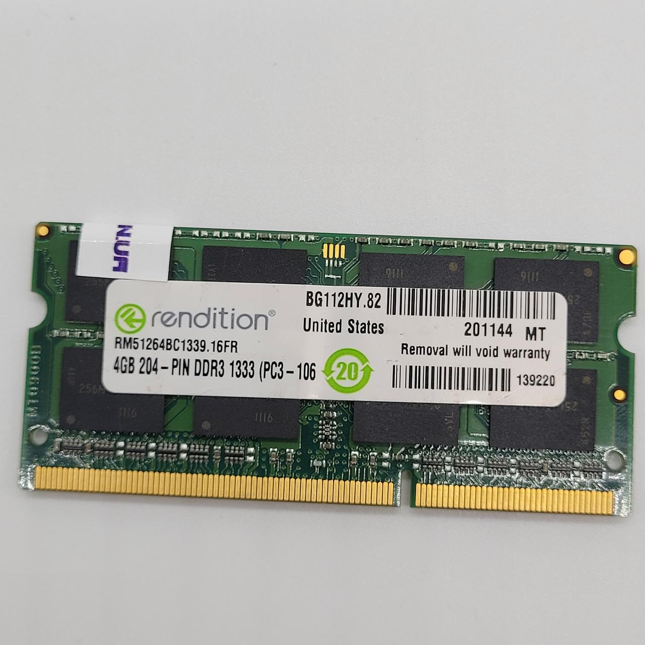 Оперативна пам'ять ноутбука Rendition SODIMM DDR3 4Gb 1333MHz PC3-10600s 2R8 CL9 (RM51264BC1339) Б/В