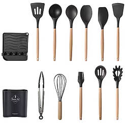 Набір кухонного силіконового приладдя 13 предметів Zepline ZP-053 з деревяною ручкою чорний