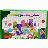 Логічна гра 3в1, дерев'яна (вкладки, пірамідки, магнітна риболовля, в коробці)