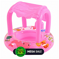 Дитячий надувний круг з козирком "Кіт" 70 см, рожевий/ Круг для плавання/ Круг надувний для дітей