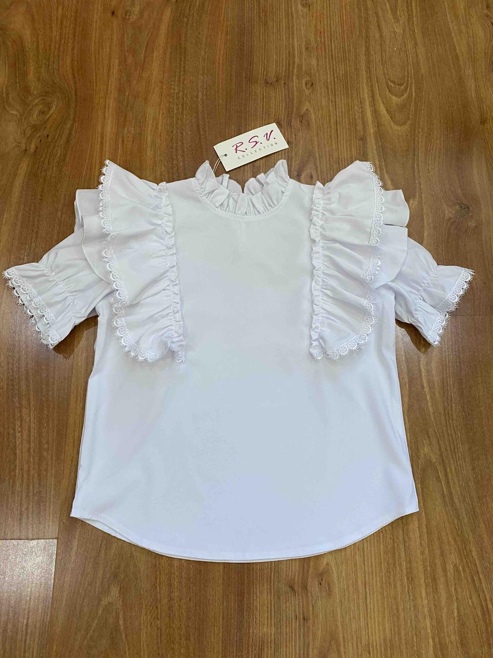 Опт блуза біла дитяча з коротким рукавом-воланом та комірцем стойкою р 128-152 біла