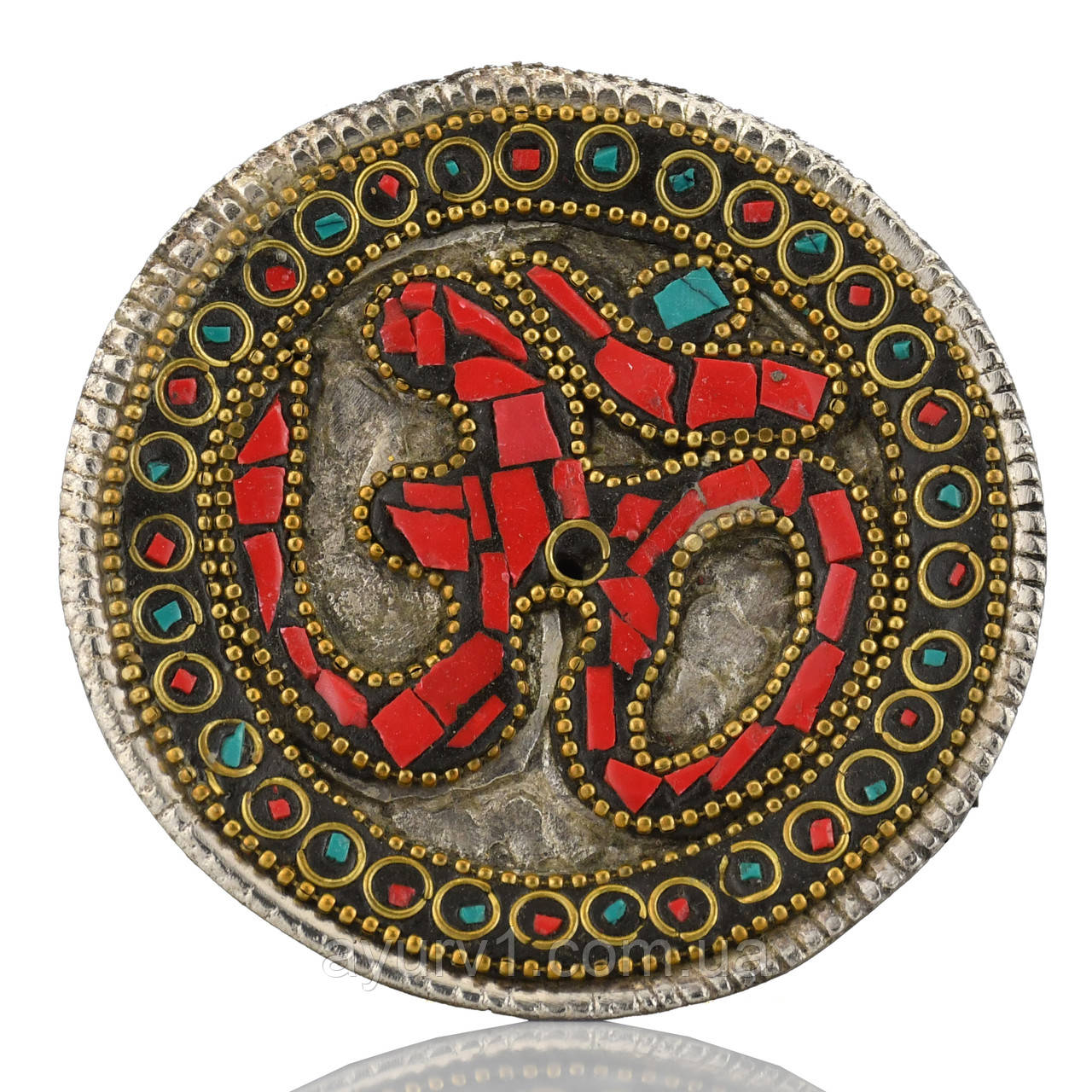 Кругла підставка для ароматичних паличок з мозаїчним орнаментом та символом «ОМ» Червона