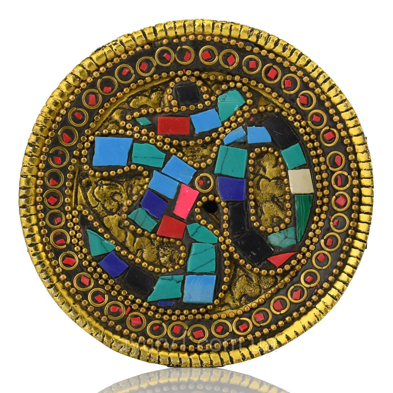 Кругла підставка для ароматичних паличок з мозаїчним орнаментом та символом «ОМ» Золота