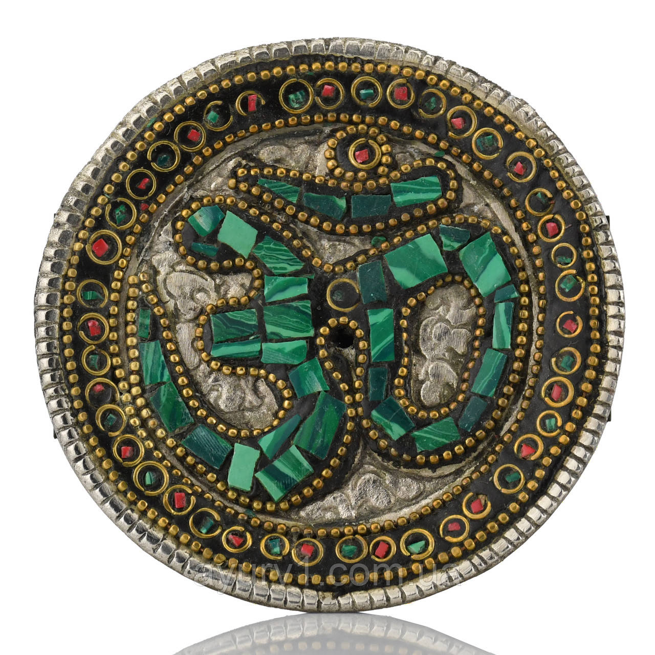 Кругла підставка для ароматичних паличок з мозаїчним орнаментом та символом «ОМ» Зелена