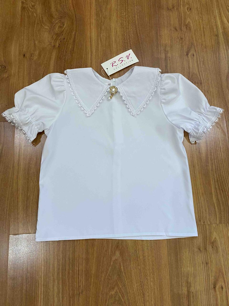 Опт блуза біла дитяча з коротким рукавом Брош р 116-140 біла