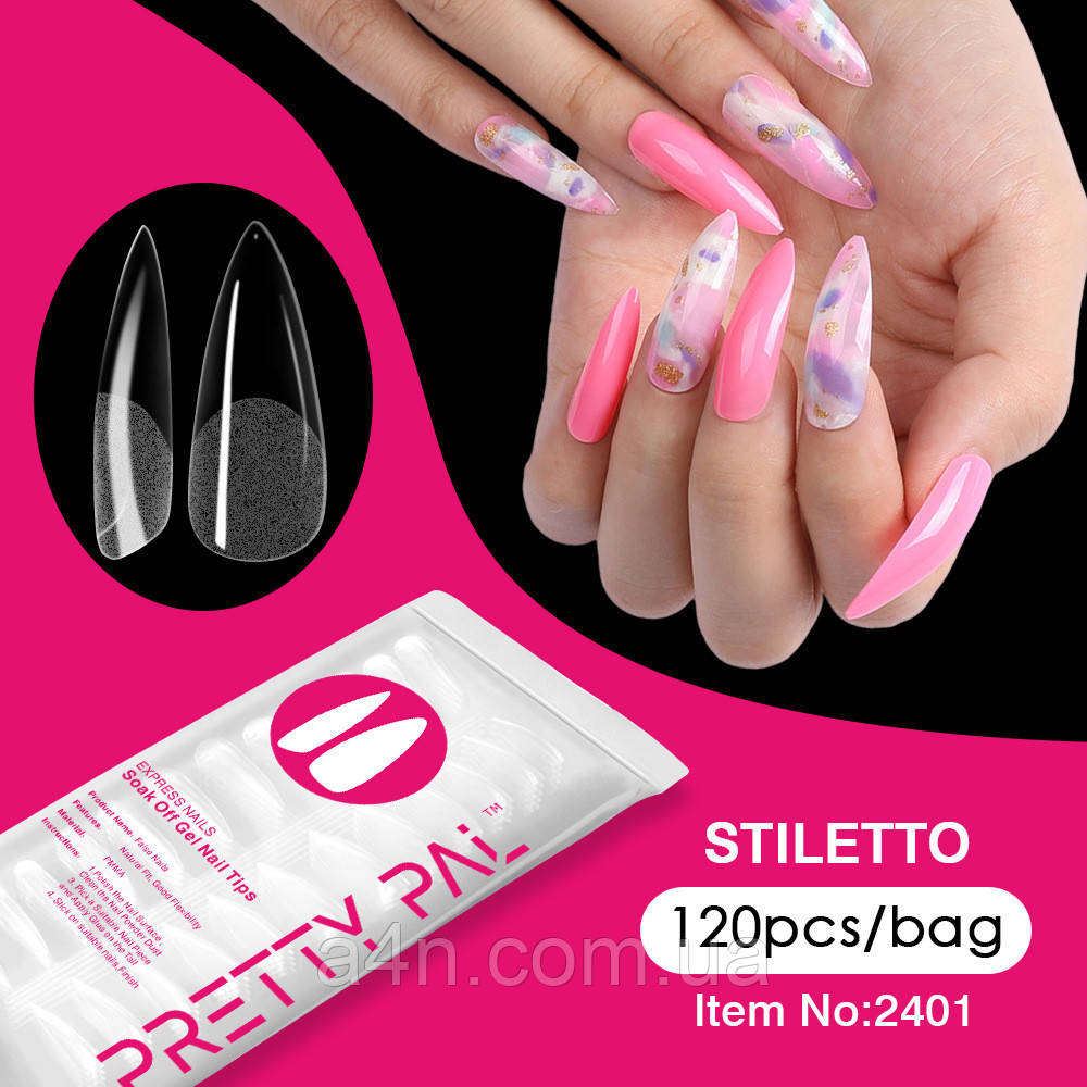 Гелеві типси 120 шт. - стилет, soak-off рідкі типси (накладні нігті) PRETTY PAL, фото 1