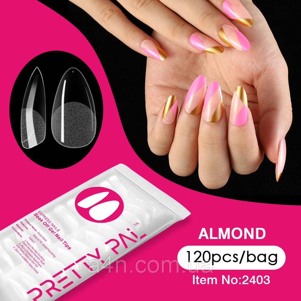 Гелеві типси 120 шт. - мигдаль, soak-off рідкі типси (накладні нігті) PRETTY PAL, фото 1