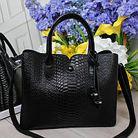 Шкіряна сумка жіноча елегантна класична під рептилію чорна натуральна шкіра