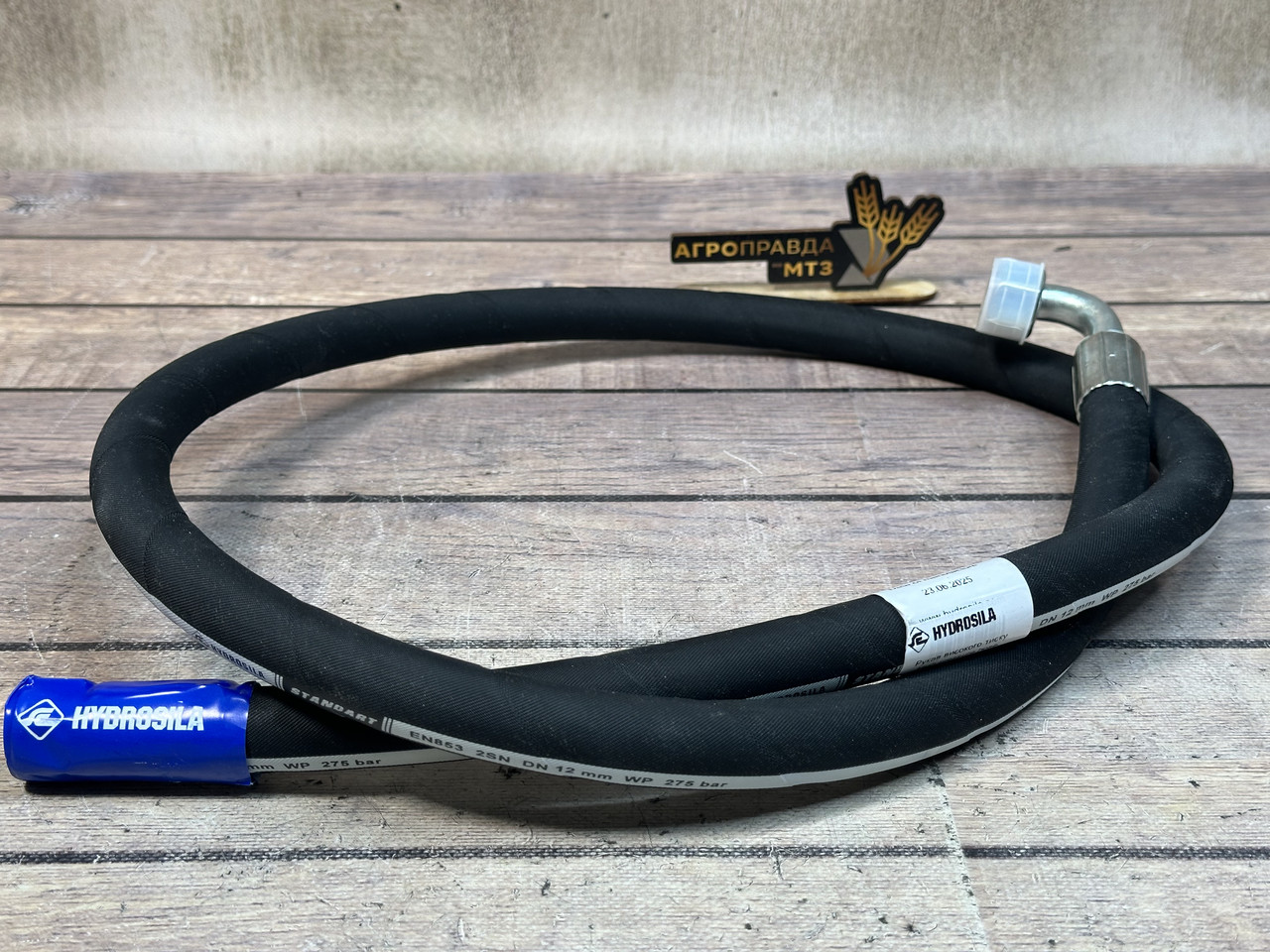 Рукав високого тиску (РВТ) ГІДРОСИЛА гайка під ключ 24 L=1.5 DN12.2SN-S24.DKM-1510-A (з коліном 90°), фото 1