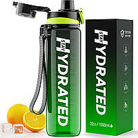 Пляшка для води Mevoly 1 л спортивна з відмітками часу зелена без BPA для фітнесу та активного відпочинку