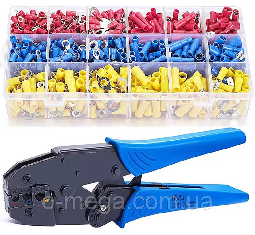 Кліщі HS-30 для опресування 0.5-6 мм² та набір наконечників конекторів та гільз з ізоляцією 27 видів 700 штук, фото 1