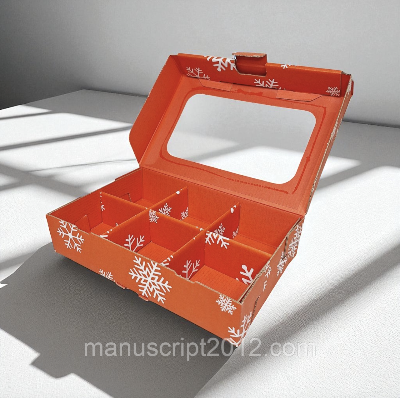 Коробка для горіхів, сухофруктів (250х165х55мм.) червона з білими сніжинками